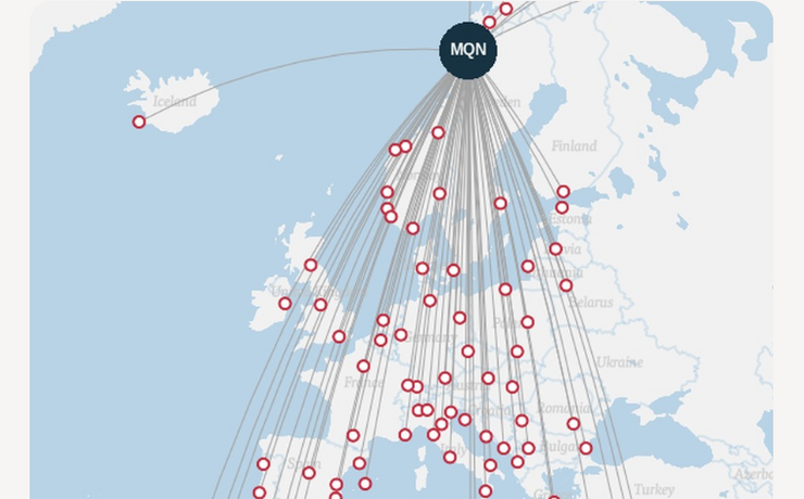 kart over Norwegians rutenett